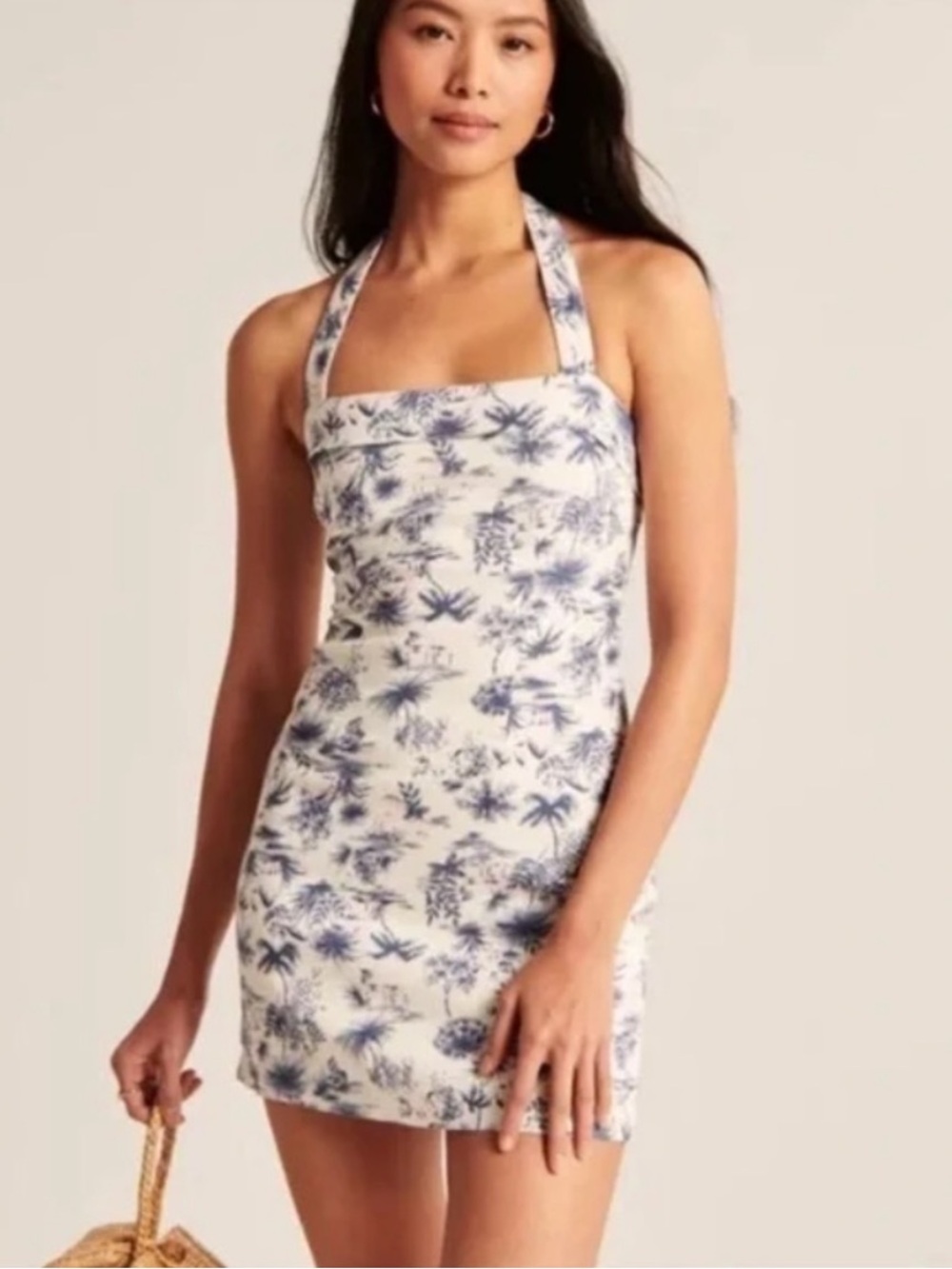 Abercrombie & Fitch white and blue tropical linen blend halter mini dress